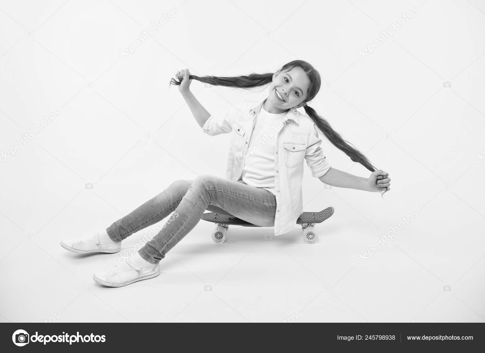 Girl Show Long Ponytail Hairstyle Sit Penny Board Yellow