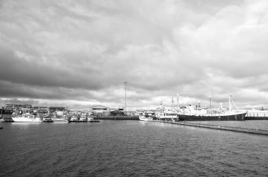 Reykjavik, İzlanda - 13 Ekim 2017: gemilerle liman. Yolcu gemileri deniz Harbour uzun yolculuk. Mavi deniz suyu bulutlu gökyüzü altında. Bir yolculuk için hazır olun