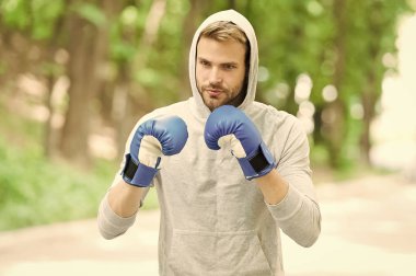 Büyük gün için antrenman. Konsantre yüzlü sporcu, spor eldivenli boks antrenmanı yapan, doğa geçmişi olan. Boksör başlığı yumruk pratiği yapıyor. Boks eldivenli sporcu boksörü eğitimi
