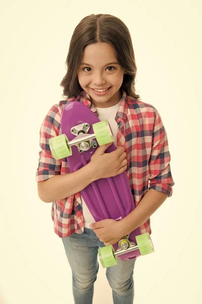 Penny board girl. girl with penny board. hipster child hold skate penny board. penny board in hands of happy girl. carefree day. — Stock Photo, Image