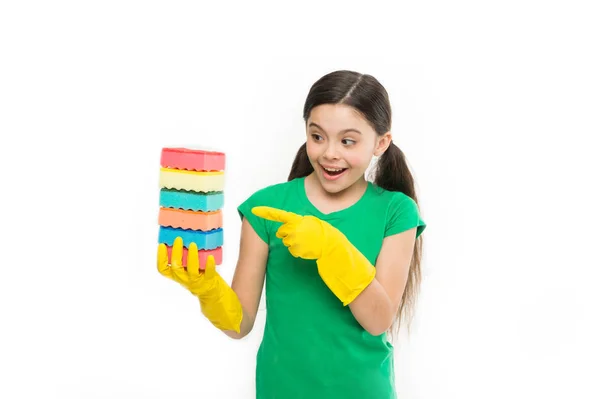 The soft scrub cleaning solution. Cleaning and washing up. Small housekeeper holding dish sponges in rubber gloves. Little housemaid ready for household help. Adorable kitchen maid. Household duties — Stock Photo, Image