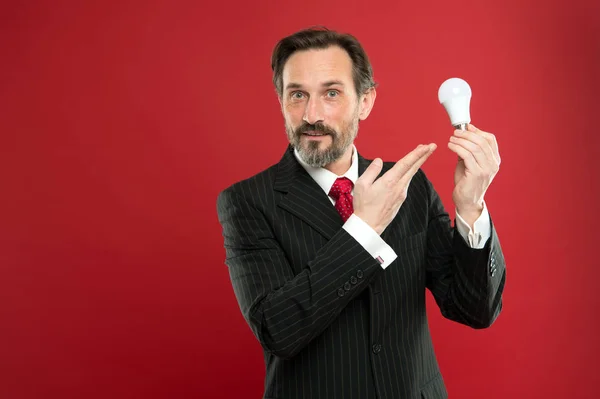 Light up your business. Man bearded businessman formal suit hold light bulb on red background. Symbol of idea progress and innovation. Idea for business. Environment friendly idea. Genius idea