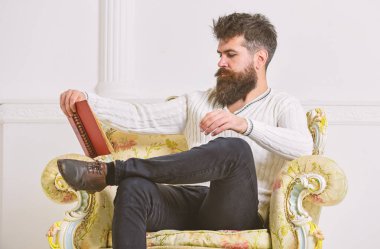 Akıllı kavramı. Koltuk ve okuma kitabı, beyaz duvar zemin üzerine öğretim görevlisi akıllı sit. Sakallı ve bıyıklı kitap ile boş zaman harcıyor. Bilim adamı, Profesör dalgın yüzündeki edebiyat sahiptir