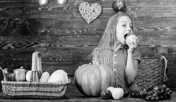 Cesto pieno raccolto di verdure fresche. Raccolta delle tradizioni del raccolto. Concetto del festival del raccolto. Ragazza che presenta il raccolto del suo orto su sfondo di legno. Ragazzina trascorrere fattoria infanzia — Foto Stock