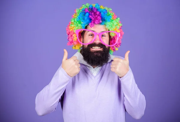 Party fun. Enjoy being crazy. Feel free to express yourself. Having fun. Holiday fun and carnival concept. Man bearded wear colorful wig and funny glasses on violet background. Clown and circus
