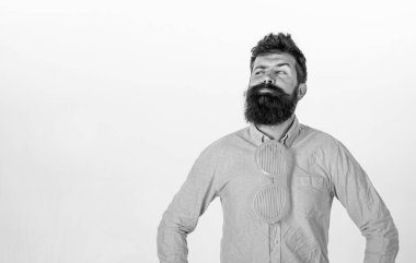 Sakal ve bıyık üzerinde düşünceli yüz giymek komik gözlük kravat, beyaz arka planı olarak olan adam. Kravat olarak giyim gözlük sakallı adam. Optik ve gözlük kavramı. Hipster dev çizgili gözlüklü