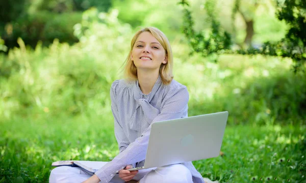 Become successful freelancer. Woman with laptop sit on rug grass meadow. Online freelance career concept. Pleasant occupation. Guide starting freelance career. Business lady freelance work outdoors