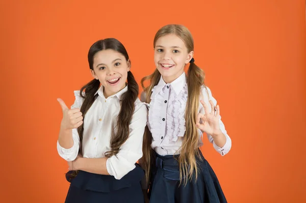 School friendship concept. Cheerful children. Motivation studying with best friend. Girls best friends school uniform classmates. Friendly relations at school. Making friends while studying school — Stock Photo, Image