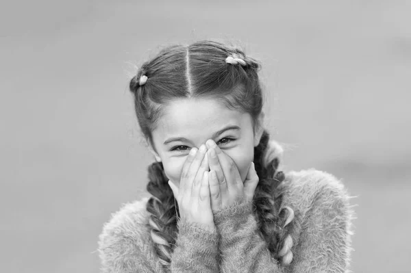 Small child with long hair. Happy childhood. Autumn snuggles. Casually beautiful. Happy little girl in autumn sweater. Autumn fashion for pretty girl. Totally free and happy. Beauty in style — Stock Photo, Image