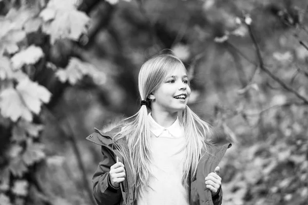Gevoel op deze herfstdag beschermd. Gelukkige jeugd. Klein kind met herfstbladeren. Gelukkig klein meisje in de herfst bos. Herfst mode. Zo mooi. Vrije en ontspannen gevoel. Volg me — Stockfoto