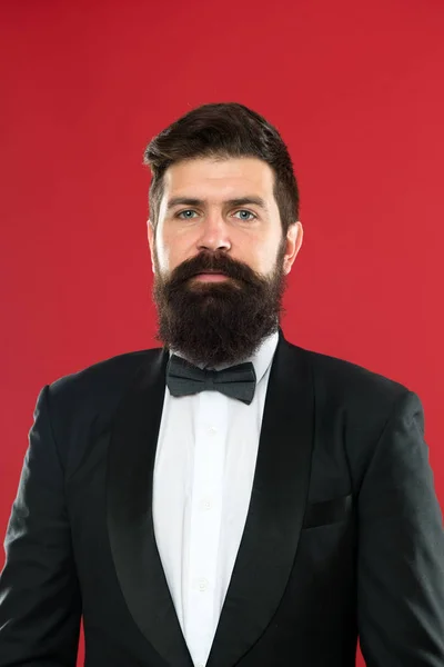 Wedding mens suit. Formal wear male fashion. Businessman in tuxedo. Formal event. Man groom with beard in wedding suit. Bearded man in tuxedo and bow tie. Groom man ready for wedding. last details