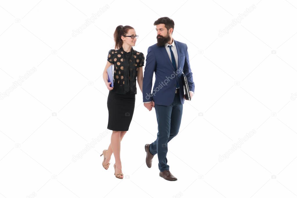 Young coworkers. Businesspeople. Partnership and collaboration. Man with beard and sexy woman. Business couple isolated on white. Formal fashion. way to success. going at work. sealing a deal