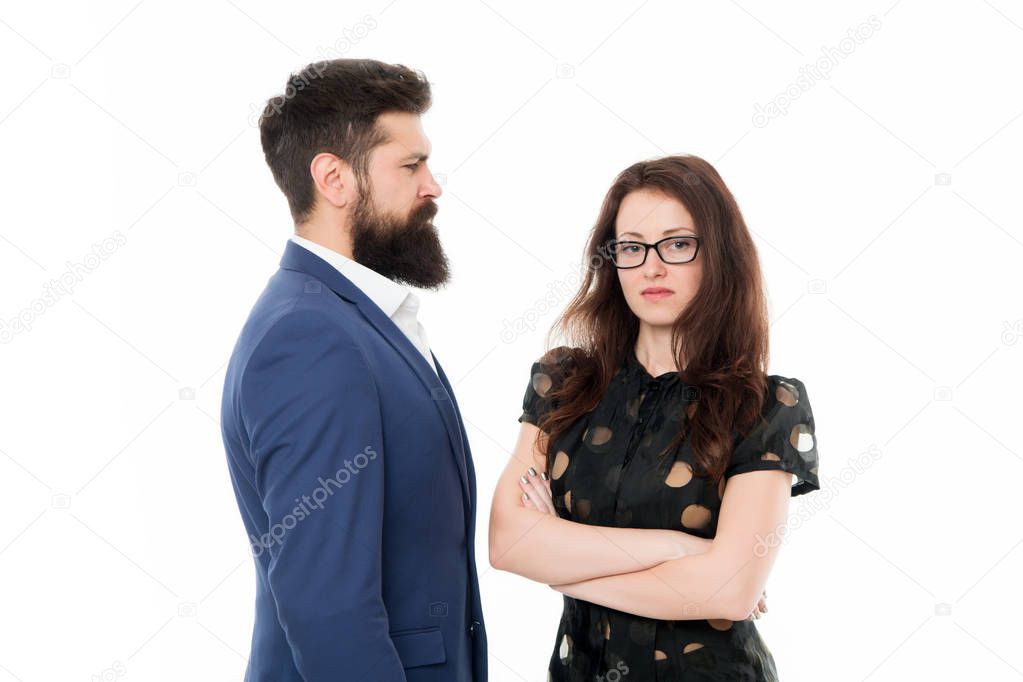 Nothing personal just business. Couple colleagues man with beard and pretty woman on white background. Business partners leadership and cooperation balance. Office job and business. Business concept