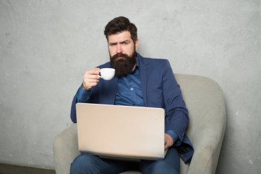 Çoklu görev iş. Modern iş adamı. Sakallı adam. Olgun hipster sakal var. İş adamı iş üstünde laptop. Adam adam iş ofiste kahve iç. İş e-posta yanıt. dijital pazarlama