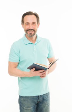 Güven ve istihbarat. Asla çok geç çalışma. Adam olgun tutun izole kitap beyaz arka plan sakallı. Yararlı bilgiler. Kendi eğitim. Ana sayfa eğitim ve kendini geliştirme. Yetişkin Eğitimi