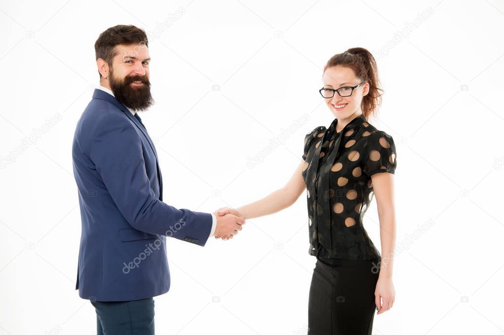 Handshake successful deal. Business concept. Nothing personal just business. Colleagues man with beard and pretty woman on white background. Business partners leadership and cooperation balance