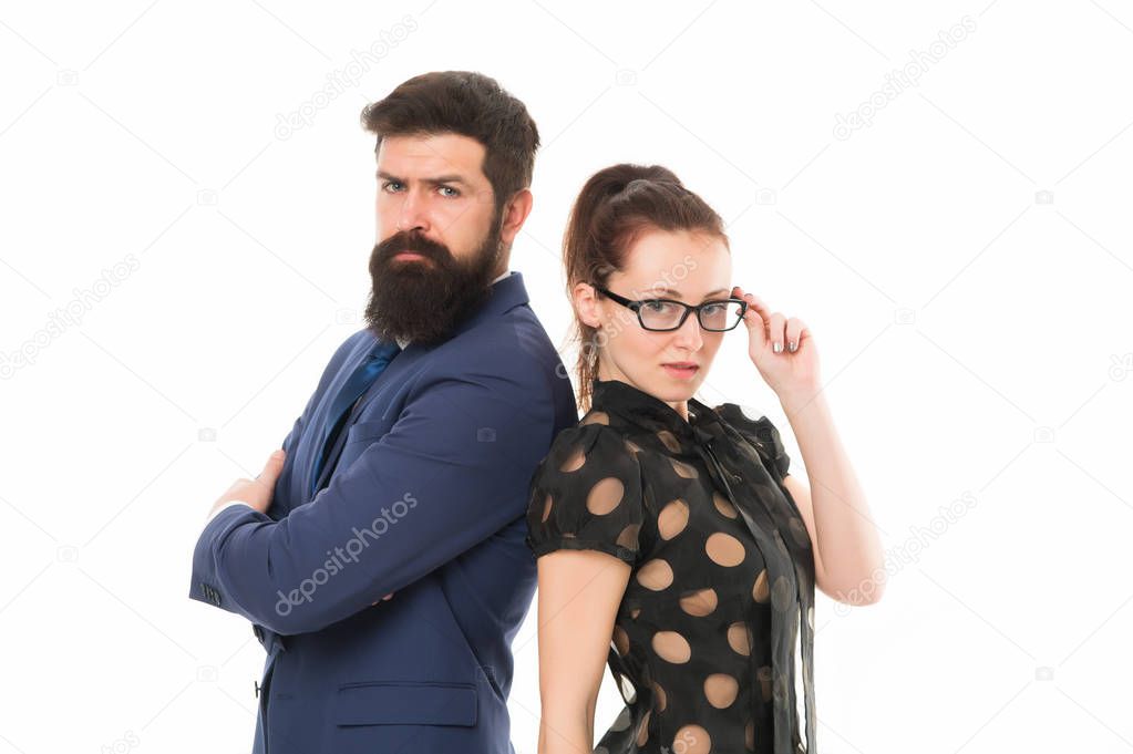 Business partners leadership and cooperation balance. Office job and business. Business concept. Nothing personal just business. Couple colleagues man with beard and pretty woman on white background