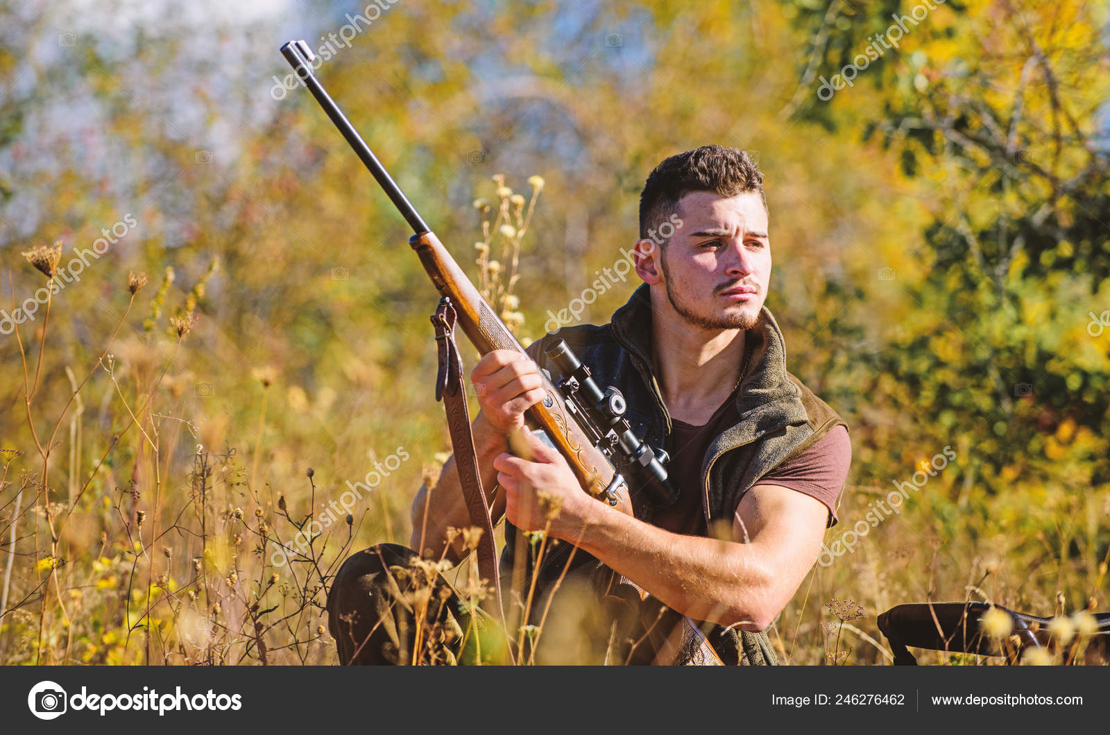 Man hunting wait for animal. Hunter with rifle ready to hunting nature background. Hunting strategy or method for locating targeting and killing targeted animal. Hunting skills and strategy Stock Photo by ©stetsik Man hunting wait for animal. Hunter with rifle ready to hunting nature background. Hunting strategy or method for locating targeting and killing targeted animal. Hunting skills and strategy Stock Photo by ©stetsik