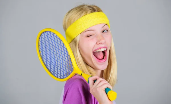 Start play game. Sport for maintaining health. Athlete hold tennis racket in hand. Tennis club concept. Active leisure and hobby. Tennis sport and entertainment. Girl adorable blonde play tennis