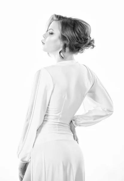 Sexy vintage fashionable dress. Outfit for party. Girl attractive vintage model on white background. Vintage fashion concept. Woman elegant lady with curly hairstyle and makeup posing in white dress — Stock Photo, Image