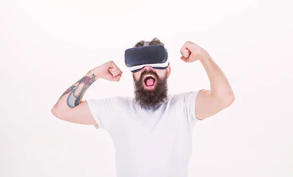 Guy with head mounted display interact virtual reality. Hipster play virtual game. Virtual success. Man bearded gamer VR glasses white background. Cyber reality game concept. Win virtual contest — Stock Photo, Image