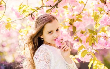 Yüz sakura yakınlarında gülümseyerek kıza. Çiçeklenme kiraz ağacı altında pembe çiçekler ile oynarken mutlu kızım. Sakura çiçeği tutan çocuk. Açık havada güzel bahar bahçe içinde çocuklar için yaz eğlencesi