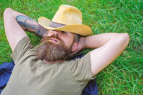 Man bearded cowboy lay on grass relaxing or having nap. Cowboy relaxing at green meadow. Brutal cowboy with green spikelet in mouth. Hipster tourist find meadow to rest or nap. Take minute to relax