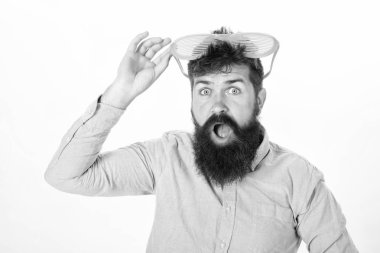 Hippi giyim çekim tonları son derece büyük güneş gözlüğü. Güneş gözlüğü tatil özniteliği. Göz koruma güneş gözlüğü aksesuar yaz. Nasıl sonraki tatil için hazır olun. Sakallı adam giyim güneş gözlüğü