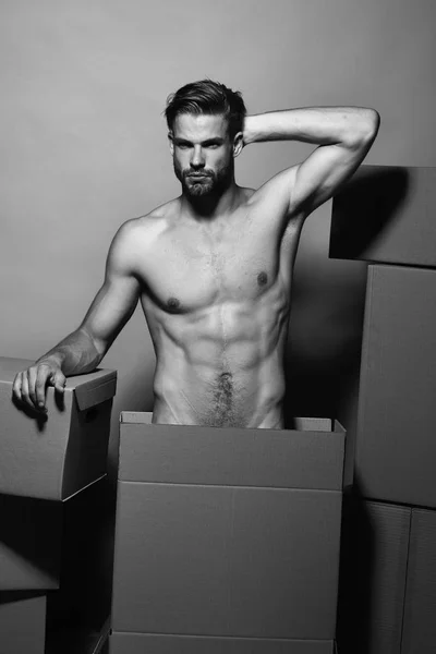 मांसपेशी नग्न टोर्सो के साथ आदमी बक्से के बीच हाथ पकड़ता है . — स्टॉक फ़ोटो, इमेज