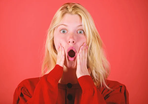 Shocking news concept. Girl shocked overwhelmed by surprise. Surprised woman cant believe her eyes. Christmas is coming soon. Lack of time. Shocked face blonde girl. Lady shocked emotional expression