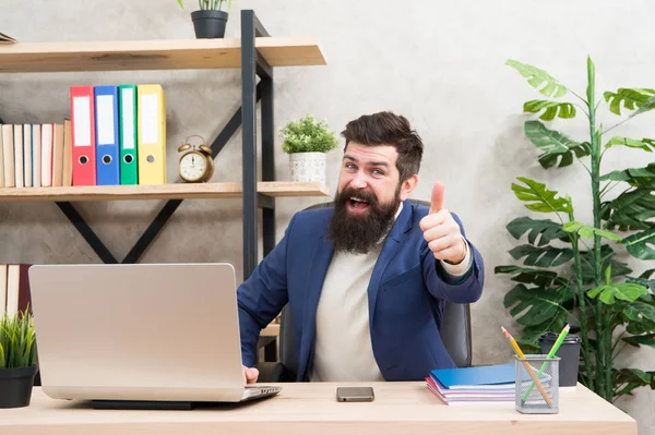 Glück Gehabt Geschäftsentwicklung Geschäftsmann Formellen Outfit Selbstbewusster Mann Nutzt Laptop — Stockfoto