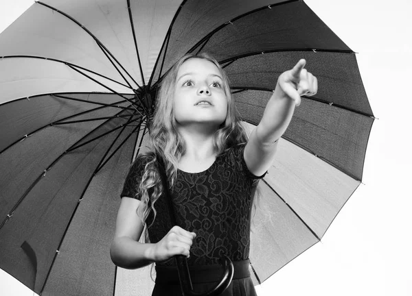 가 대 한 밝은 액세서리. 우산 비오는 날 날씨와 작은 소녀. 우산을 가진 작은 소녀. 가 패션입니다. 비록가 긍정적인 비 시즌을 유지. 아이디어는 흐린가 날에 어떻게 살아 나 — 스톡 사진