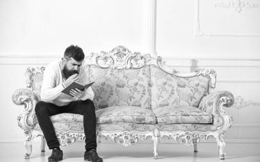 Skandal bestseller kavramı. Adam dikkat ile kitap okumak. Maço üzerinde konsantre yüz kitap okuma. Barok tarzı kanepe, tutar kitap, beyaz duvar arka plan sakal ve bıyık oturur adam