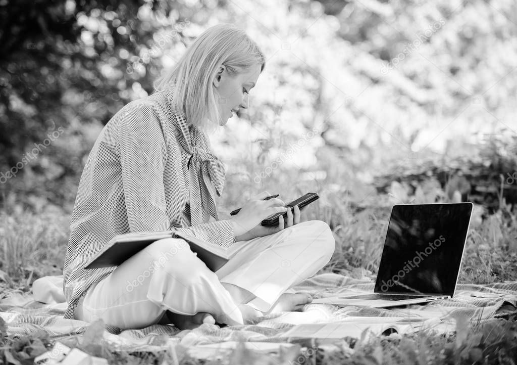Become successful freelancer. Managing business outdoors. Woman with laptop sit grass meadow. Business lady freelance work outdoors. Freelance career concept. Guide starting freelance career