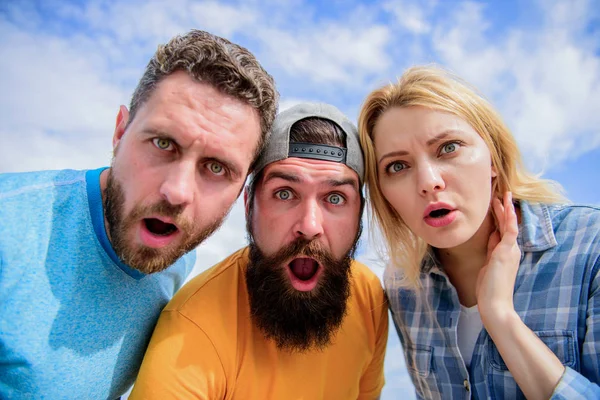 Shocking news. Amazed surprised face expression. How to impress people. Shocking impression. Men with beard and woman looking shocked. No way. Friends shocked faces looking at you. That is impossible