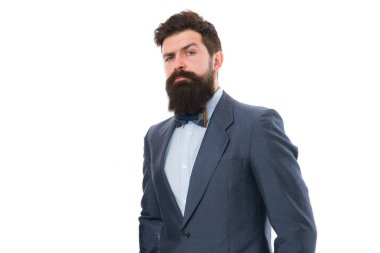 İşadamı veya ana bilgisayar şık kıyafeti beyaz izole. Moda kavramı. Şık tarzı. Adam sakallı hippi giyim Klasik takım elbise. Resmi kıyafeti. Takım çok iyi bak. Şıklığı ve erkek tarzı