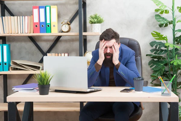 Onvergeeflijke fout. Dalende aandelenkoersen. Man met baard baas sit kantoor met een laptop. Manager online bedrijfsproblemen op te lossen. Zakenman is mislukt. Gewaagde zaken. Makelaar en financiële indicatoren — Stockfoto