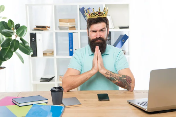 Head of department. Man bearded manager businessman entrepreneur wear golden crown. Top manager head office. Confident boss enjoying glory. Head and boss concept. I am the best. King of office