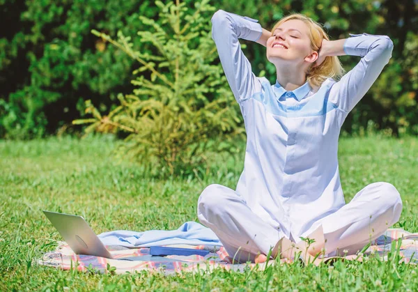 Clear your mind. Girl meditate on rug green grass meadow nature background. Find minute to relax. Woman relaxing practicing meditation. Every day meditation. Reasons you should meditate every day