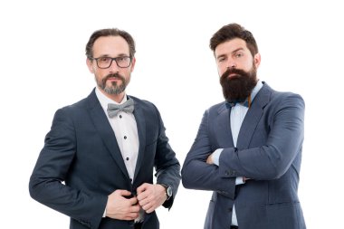 İşadamı modaya uygun kıyafet beyaz izole. İş ortakları deneyimli meslektaşları. Sakallı erkekler takım elbise giyer. Biz size öğretmek iş hakkında herşey. Uzman ipuçları. Ticari toplantı resmi etkinlik