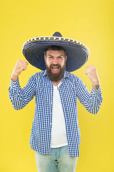 Join fest. Mexican culture concept. Celebrate mexican holiday. Mexican bearded guy ready to celebrate. Customs and traditions. Man wear sombrero mexican hat. Vacation travel festival and holidays