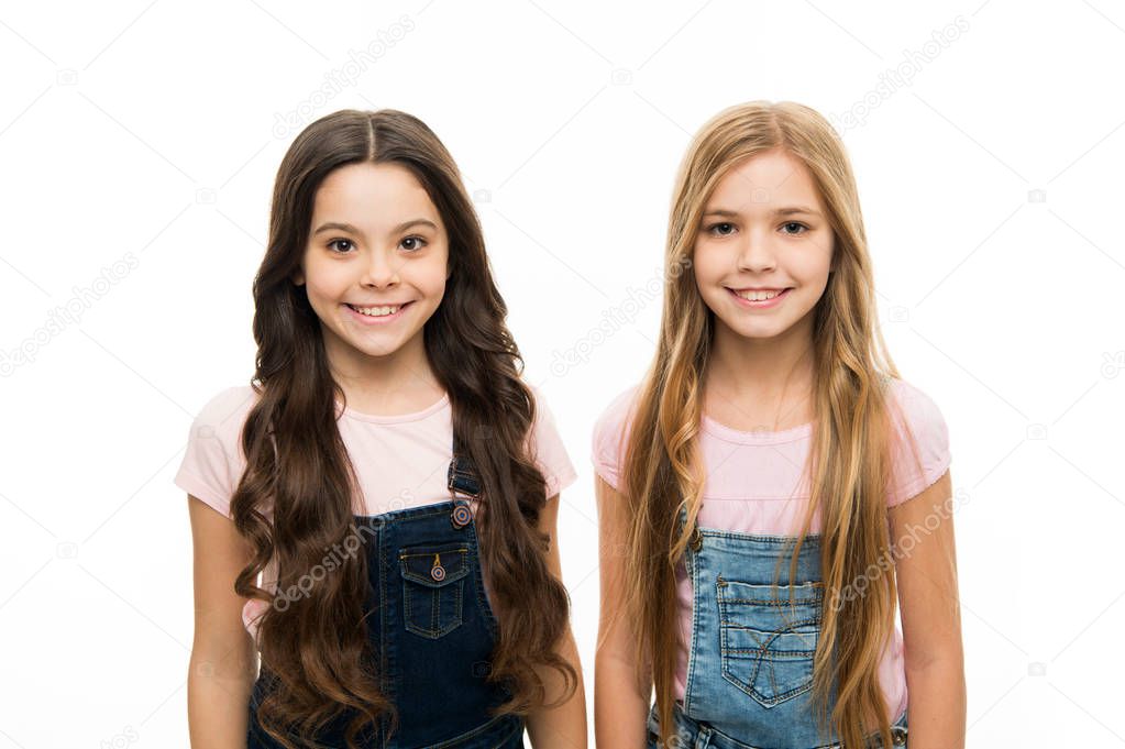 These stunning looks. Cute little girls wearing new hairstyle. Adorable small girls with long hairstyle. Beauty and hair salon. Kids hair care and grooming. Natural hair styling and dressing