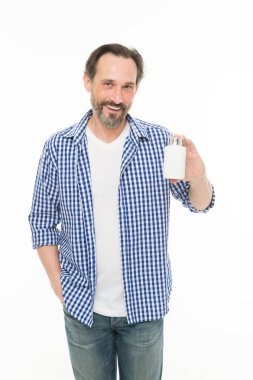 Sağlık değerlidir. Olgun adam hapı şişe tutan. Hap ve vitamin kompleksi ile komuta sizde. Vitamin hapı konteyner sakallı adam. Tablet vitamini. Sağlık hap. Sağlık. Sağlık yardımı