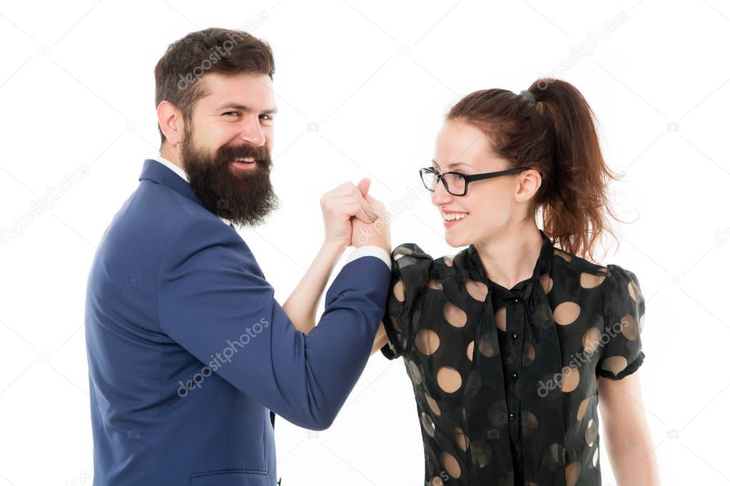 Strong team. Couple colleagues man with beard and pretty woman on white background. Business partners leadership and cooperation balance. Office job and business. Business and teamwork concept