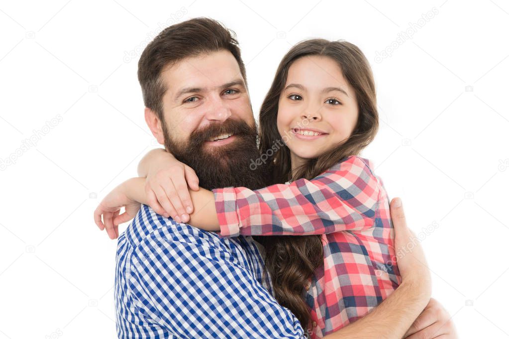 Best dad ever. Father and daughter hug white background. Child and dad best friends. Friendly relations. Parenthood and childhood. Fathers day concept. Lovely father and cute kid. Happy to be father