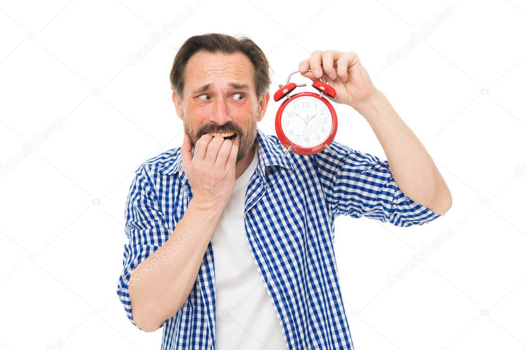 Being late. Stressed senior man worry being behind time. Bearded man with clock and stress on face. Mature timekeeper with clock. Mature man holding alarm clock. Scheduling time. Feeling stress