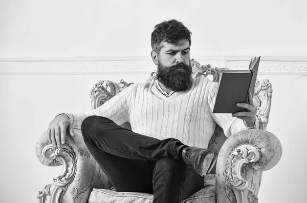 Concepto inteligente. Científico, profesor de cara pensativa disfruta de la literatura. El hombre con barba y bigote pasa el ocio con el libro. Profesor inteligente sentarse en el sillón y lee libro, fondo blanco de la pared —  Fotos de Stock