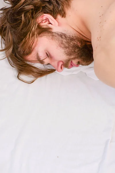 Fyren ligger i senga. Strekk ut etter å ha våknet om morgenen. Manneavslappende musikk . – stockfoto
