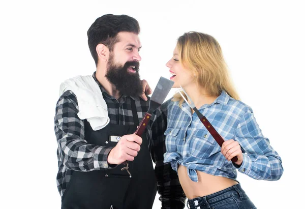 Culinary expert. Tools for roasting meat outdoor. Man bearded hipster and girl. Preparation and culinary. Picnic barbecue. food cooking recipe. Couple in love hold kitchen utensils. Family weekend — Stock Photo, Image