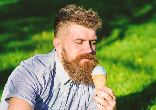 Homme barbu avec un cône de crème glacée. Concept de tentation. Homme avec barbe et moustache sur le visage calme profiter de crème glacée, herbe sur fond, déconcentré. Homme à longue barbe mange de la crème glacée, tandis que s'assoit sur l'herbe — Photo